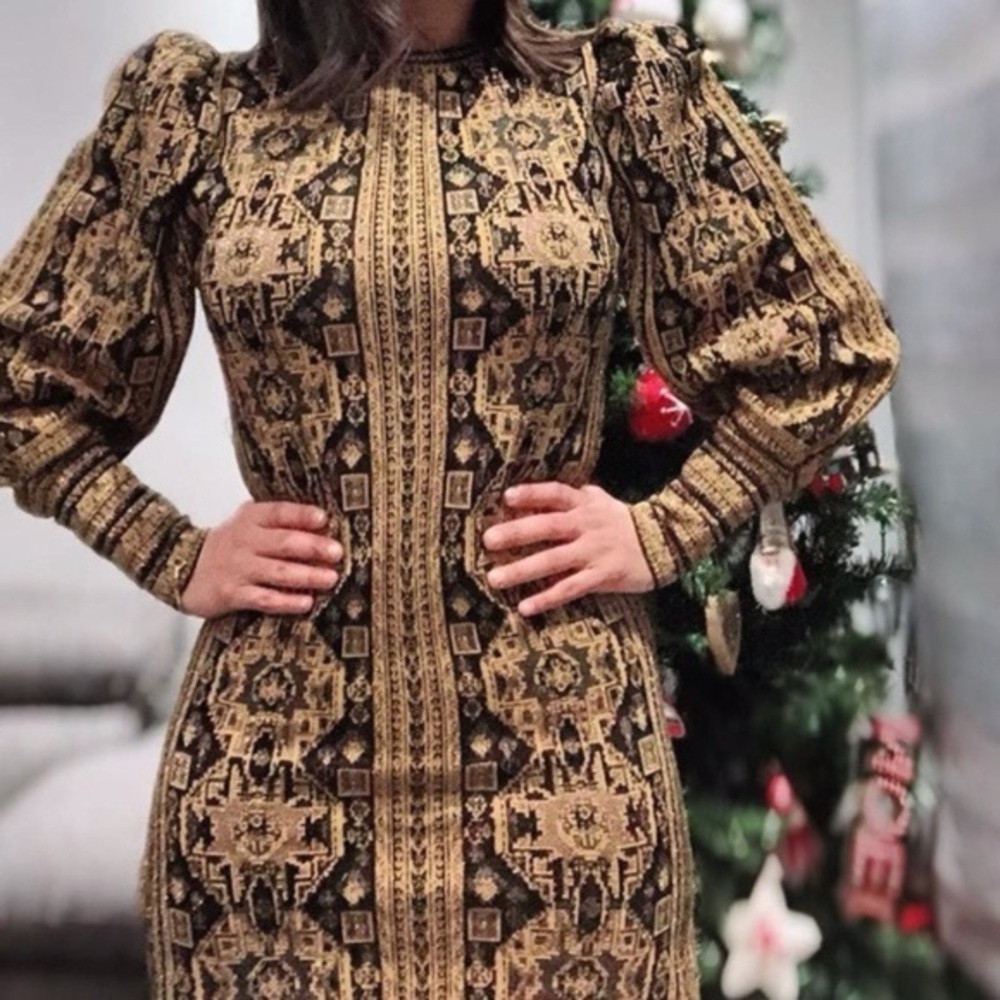 Zara Jacquard Gold Metallic Knit Sweater Dress size size S